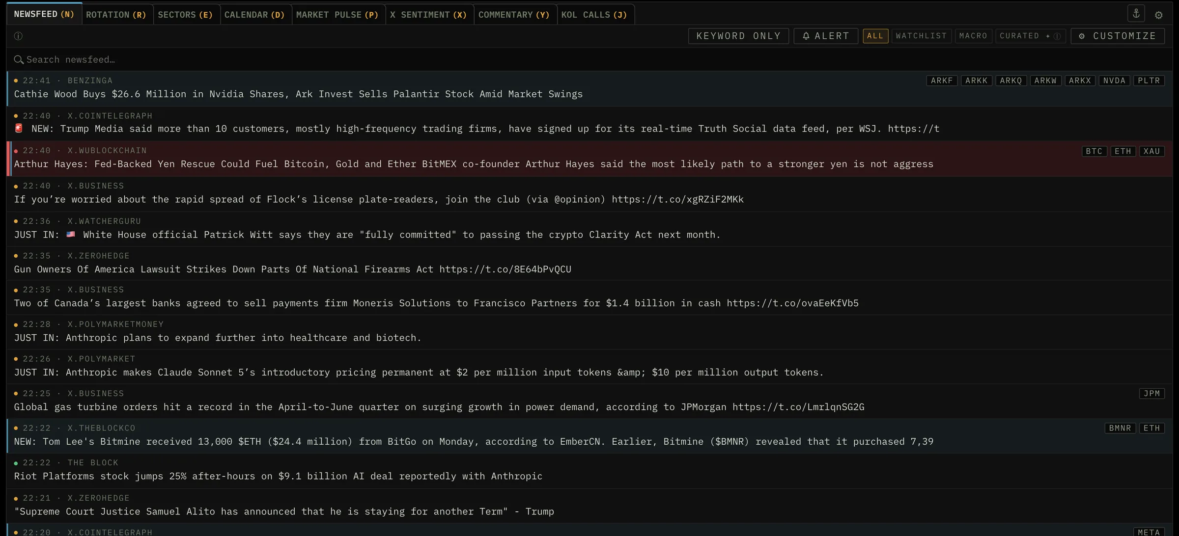 The NEWSFEED tab: timestamped headlines from squawk and wire sources, urgency-3 rows striped red, amber and green pips on the rest, symbol tags at the right.